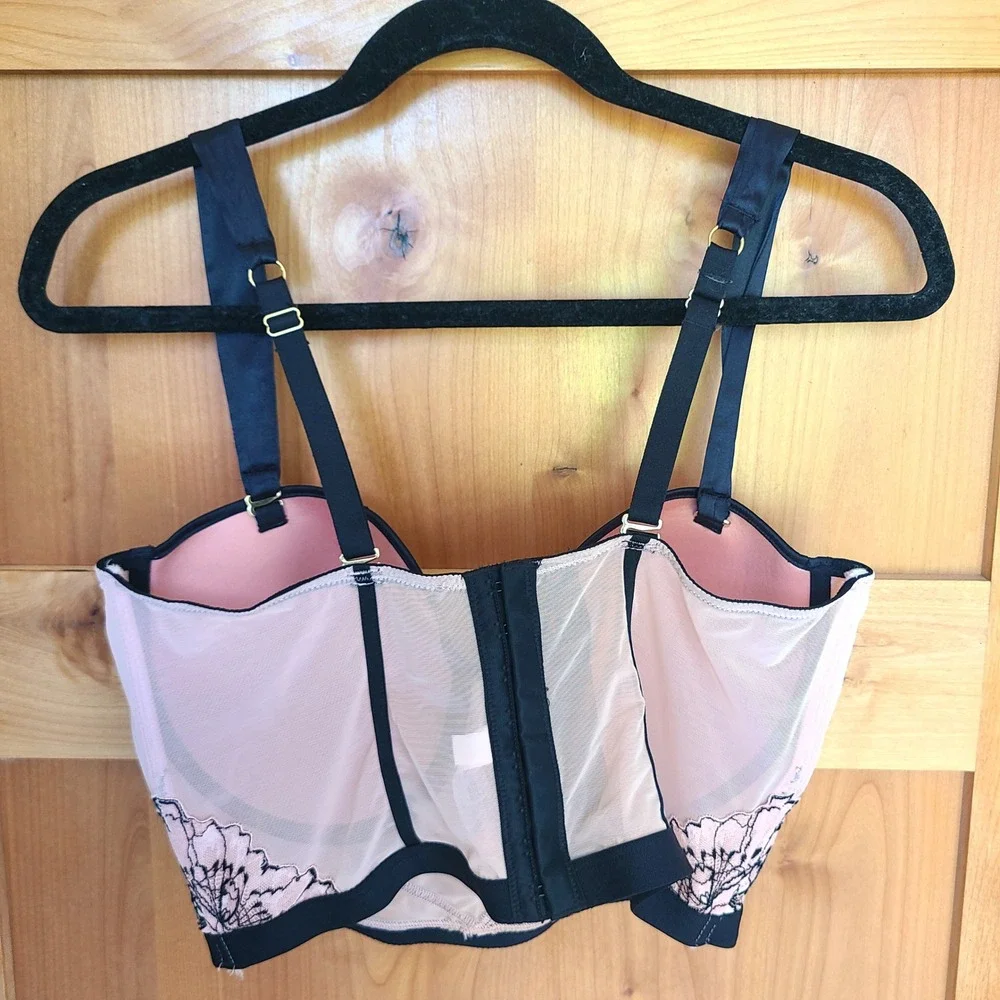 Auden‎ Large Pink Black Long Line Bra Bustier Feminine Underwire Lace Soft Girl